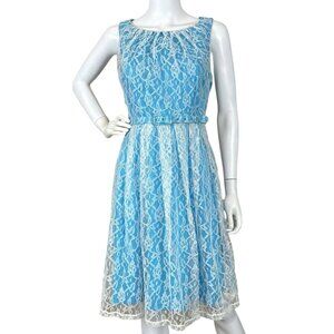 Eva Franco Lace Pleated Belted Cocktail Dress Aqua Blue Ivory White Size 6